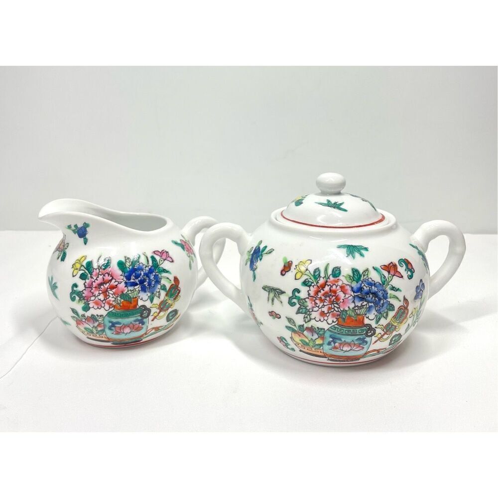 Vintage Bombay Co 3pc Set Porcelain Covered Sugar Bowl & Creamer Set
